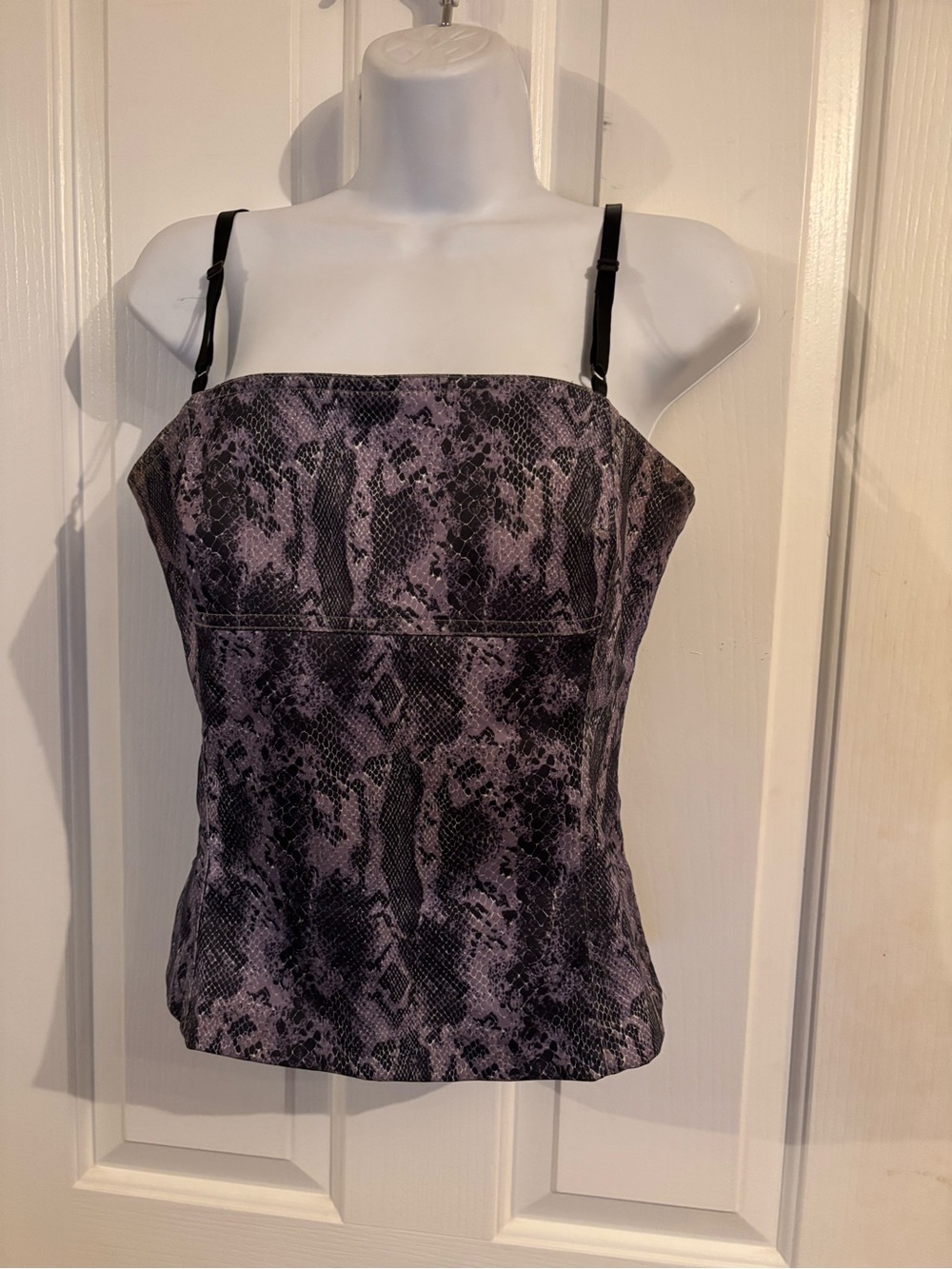 La Belle Purple Snake-Print bustier with Black Straps, zip back.